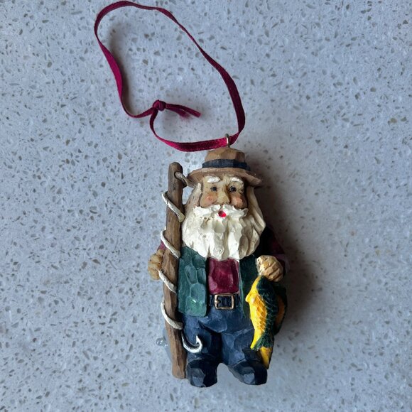 Hand-Carved Santa Fisherman Christmas Ornament With Fishing Pole & Fish - Picture 2 of 7